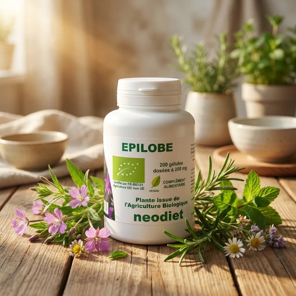 Épilobe Bio en gélules Neodiet entouré d'herbes biologiques sur bois naturel