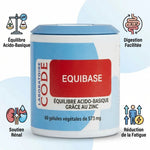 Equibase en gélules avec icônes bénéfices : équilibre acido-basique, digestion, reins, énergie