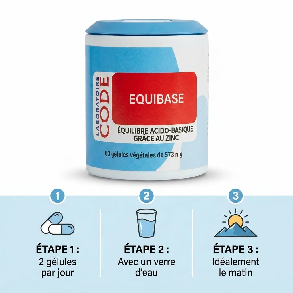 Equibase en gélules - Bouteille produit avec posologie : 2 gélules par jour avec eau le matin