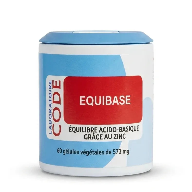 Bouteille Equibase en gélules avec bouchon bleu et étiquette rouge sur fond blanc