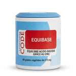 Bouteille Equibase en gélules avec bouchon bleu et étiquette rouge sur fond blanc