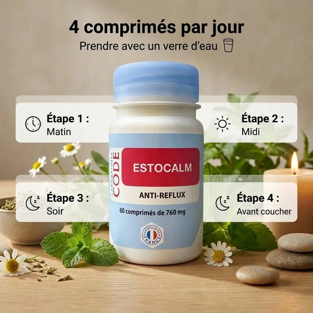 Estocalm 60 comprimés anti-reflux avec guide posologie 4 comprimés par jour et éléments naturels
