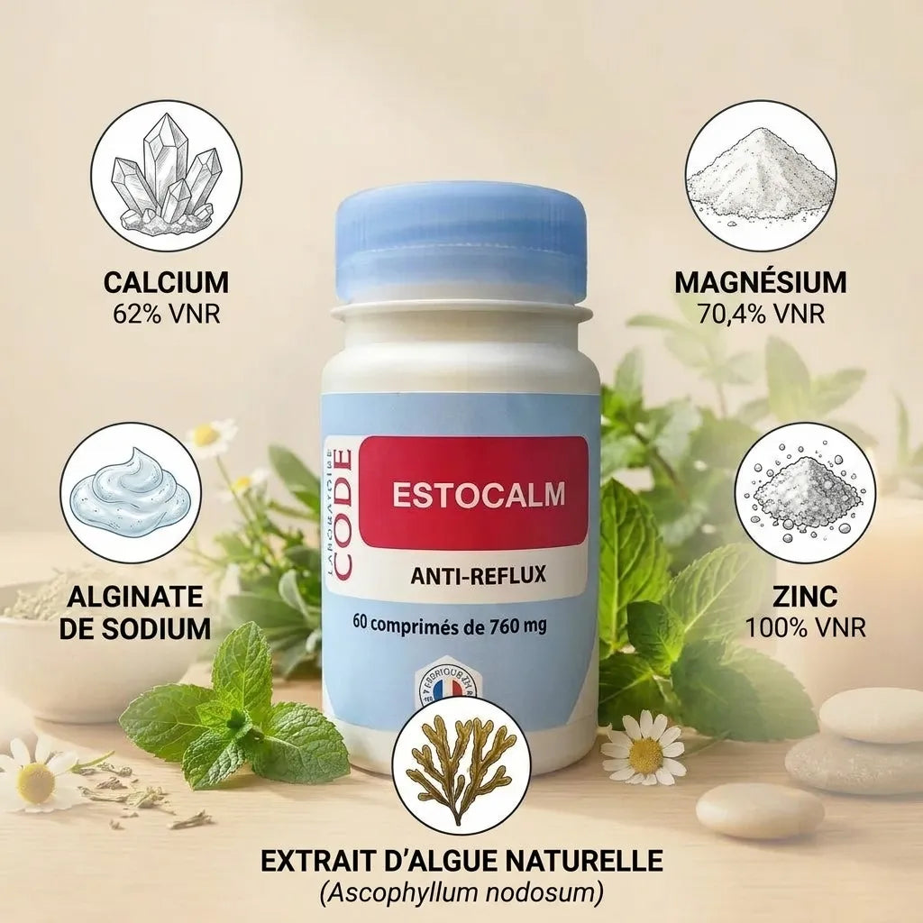 Estocalm 60 comprimés anti-reflux avec ingrédients actifs calcium, magnésium, zinc et alginate