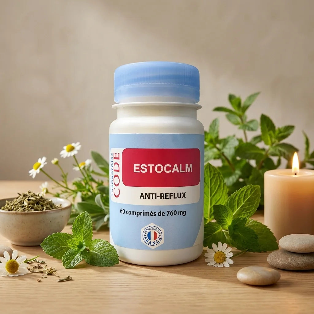 Estocalm 60 comprimés anti-reflux avec feuilles herbes naturelles sur table bois