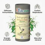 Andrographis extrait vegan Ayurvana en gélules avec icônes bénéfices santé immunité respiration énergie