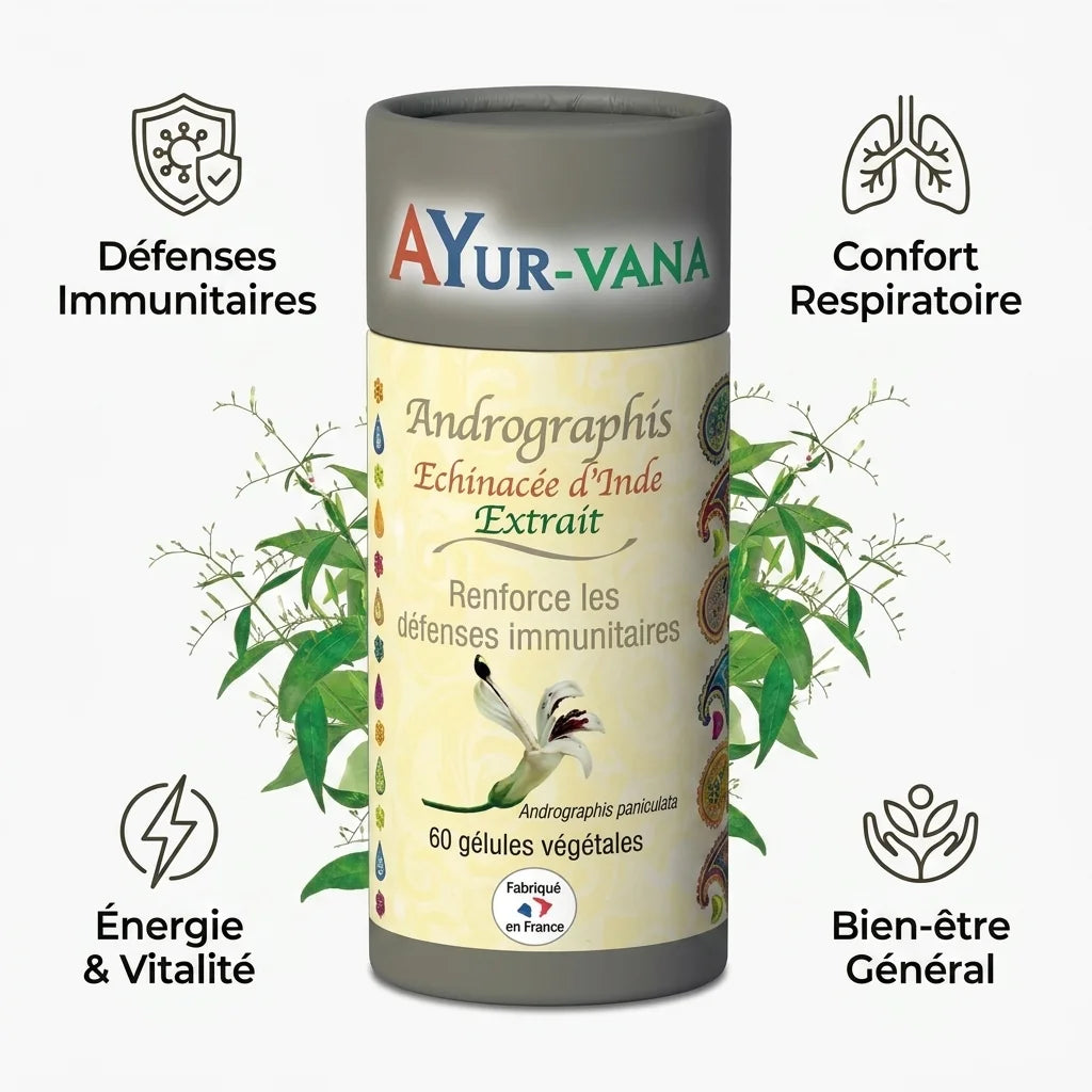Andrographis extrait vegan Ayurvana en gélules avec icônes bénéfices santé immunité respiration énergie