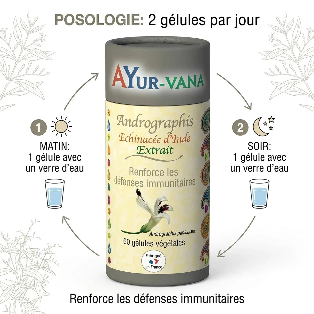 Extrait Andrographis Ayurvana en gélules avec posologie 2 gélules par jour et infographie d'utilisation