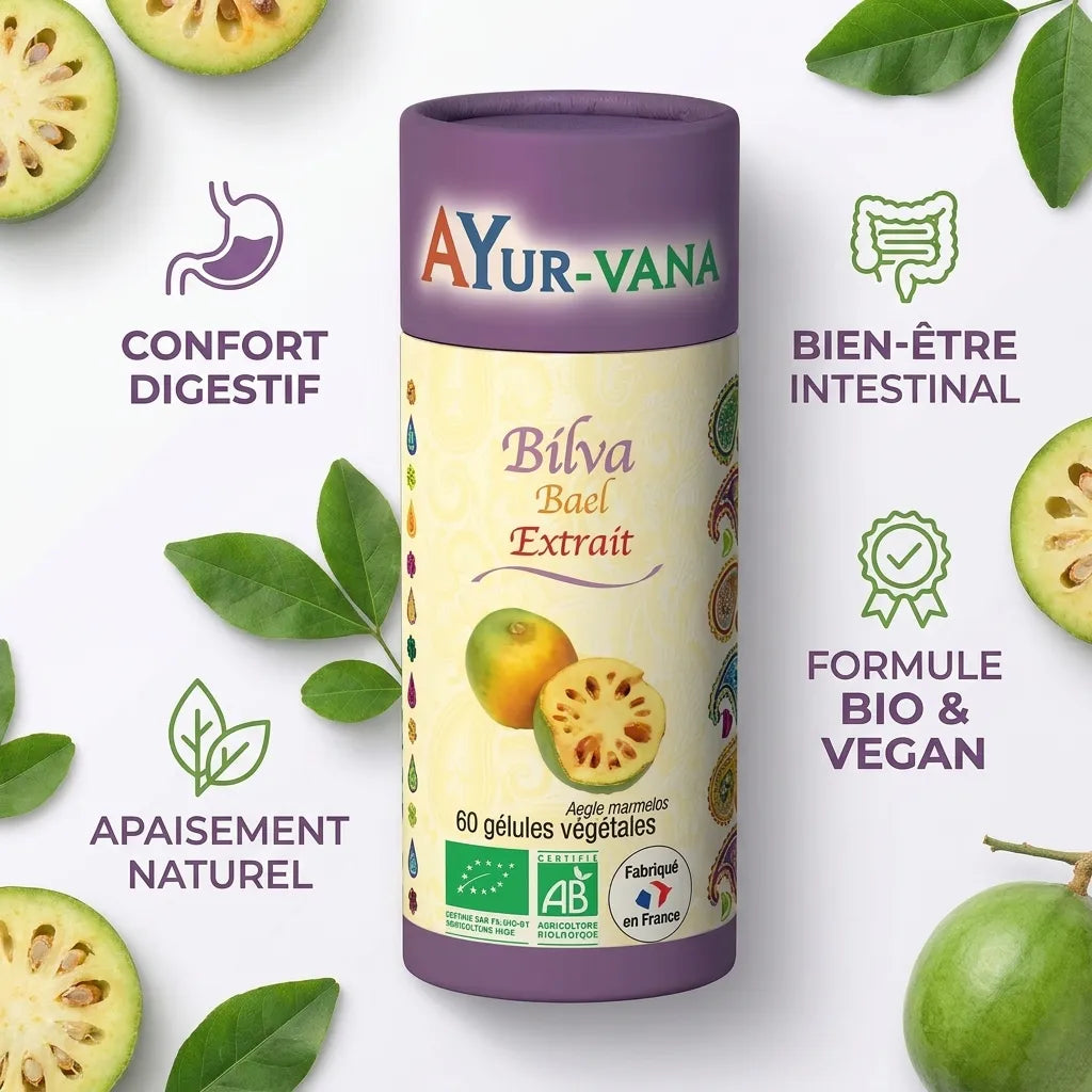Extrait Bilva Bio Ayurvana avec bénéfices digestifs, bien-être intestinal et formule vegan certifiée