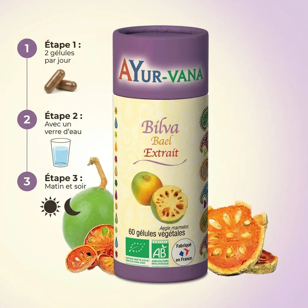Bouteille Extrait Bilva Bio Ayurvana avec dosage en gélules, 2 par jour matin et soir