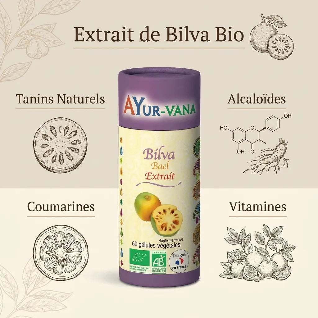 Flacon Extrait Bilva Bio Ayurvana avec fruits et ingrédients naturels - Supplément vegan certifié