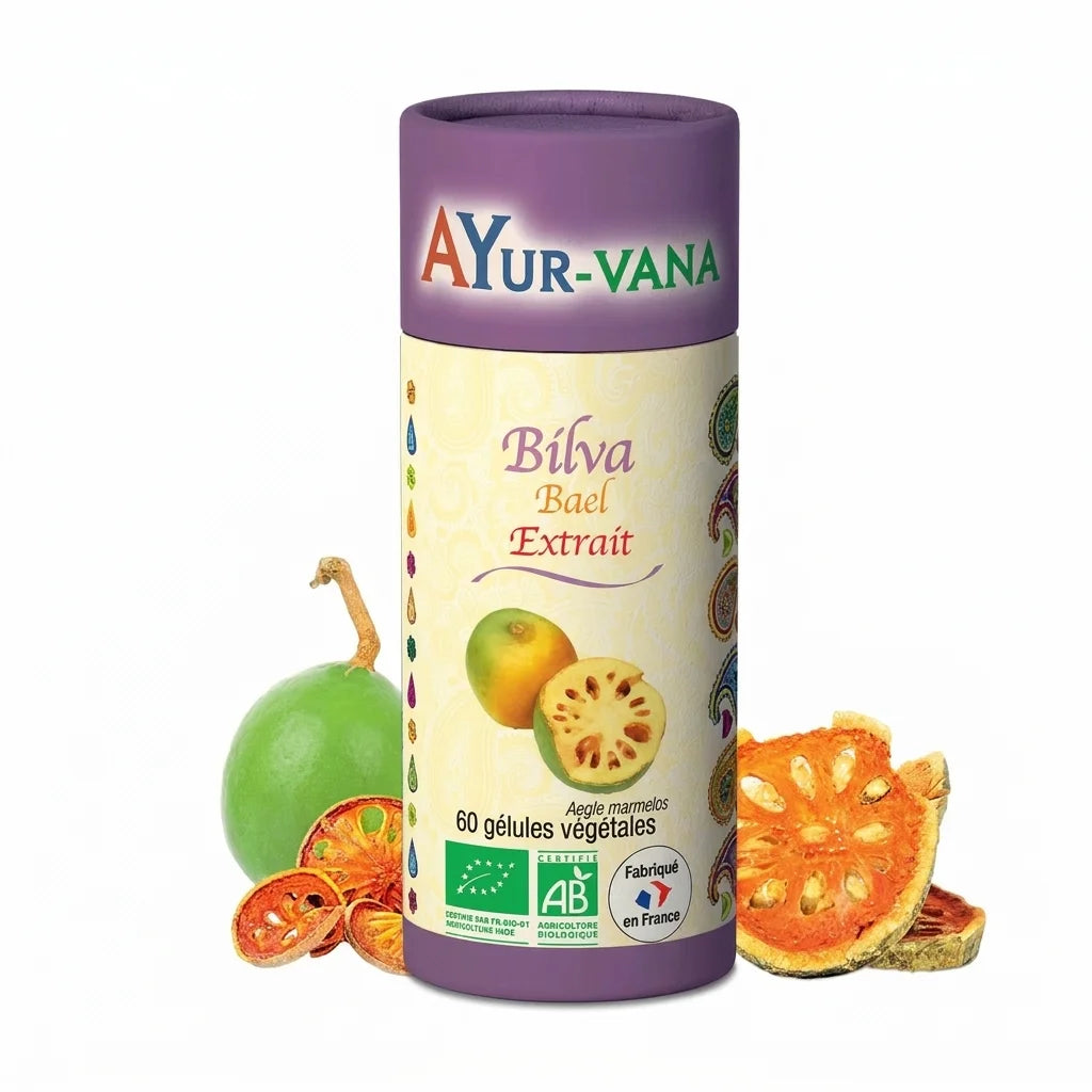 Bouteille Extrait Bilva Bio Vegan Ayurvana sur fond blanc, supplément ayurvédique naturel
