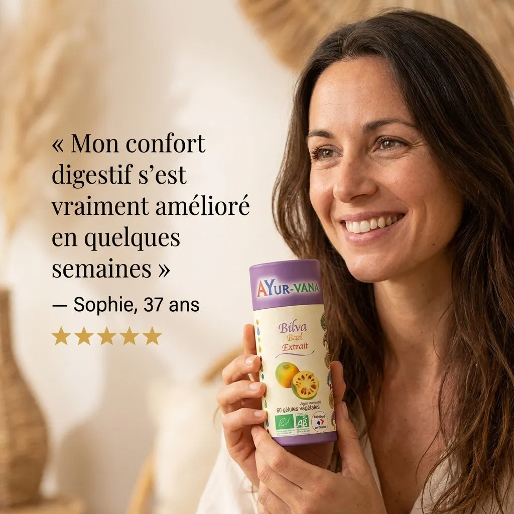 Témoignage client satisfait tenant Extrait Bilva Bio Ayurvana, avis 5 étoiles confort digestif
