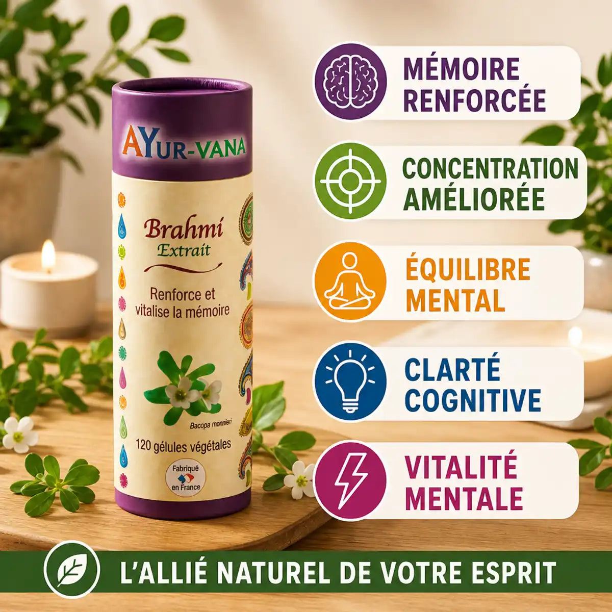 Brahmi Extrait Bacopa Monnieri 120 gélules vegan Ayurvana avec bénéfices mémoire et concentration