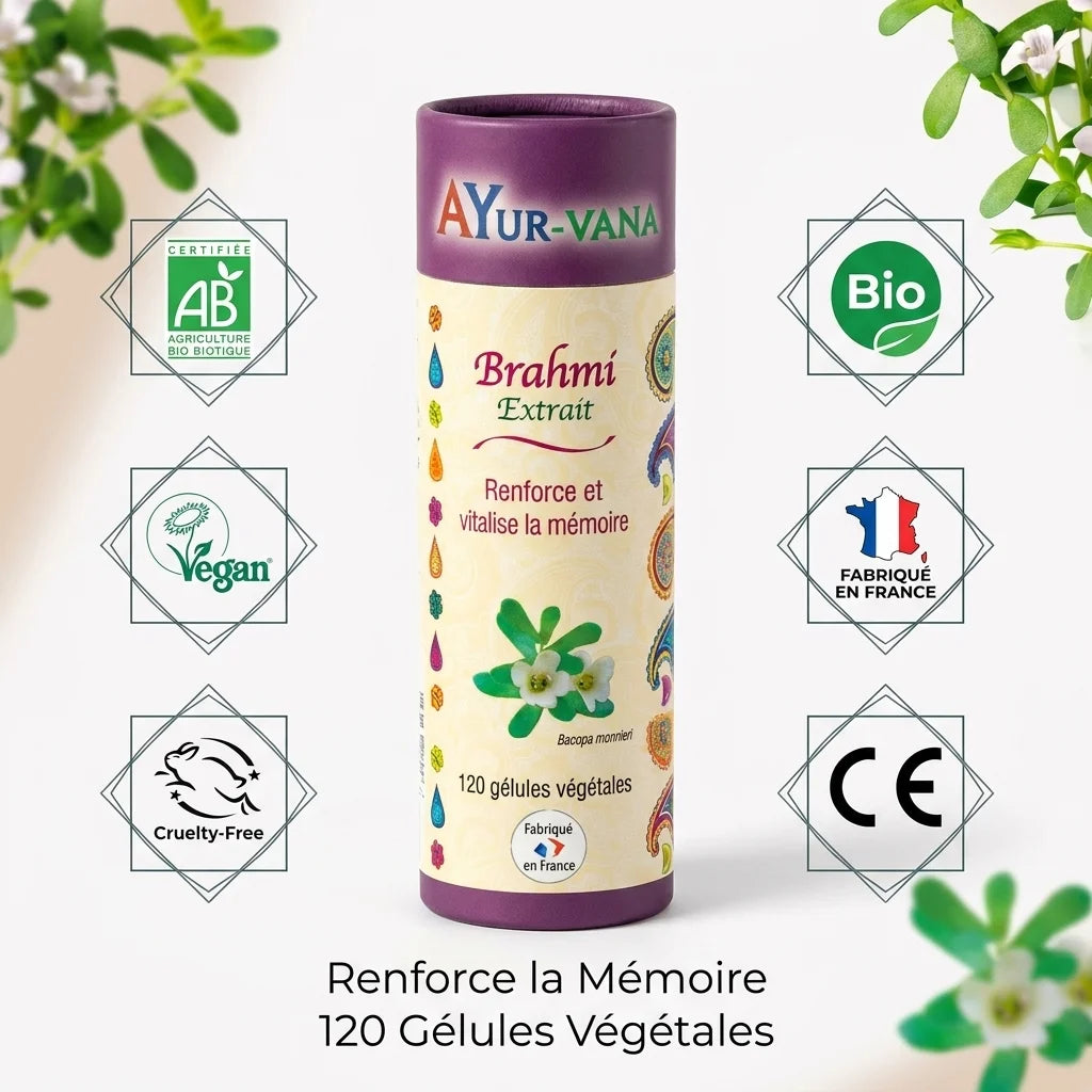 Extrait Brahmi Bacopa Monnieri vegan 120 gélules Ayurvana certifié bio France