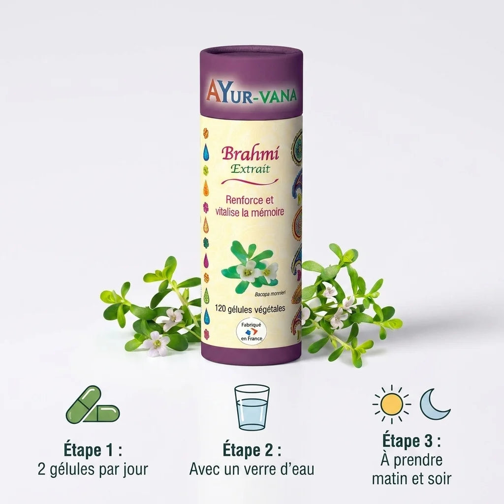 Extrait Brahmi Bacopa Monnieri 120 gélules vegan Ayurvana avec guide posologie