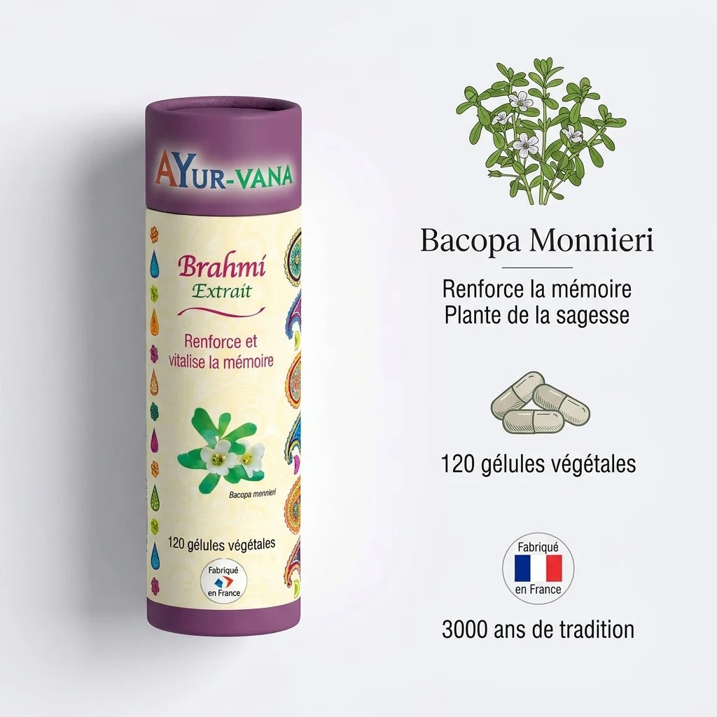 Extrait Brahmi Bacopa Monnieri 120 gélules vegan Ayurvana avec infographie bénéfices mémoire