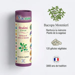 Extrait Brahmi Bacopa Monnieri 120 gélules vegan Ayurvana avec infographie bénéfices mémoire