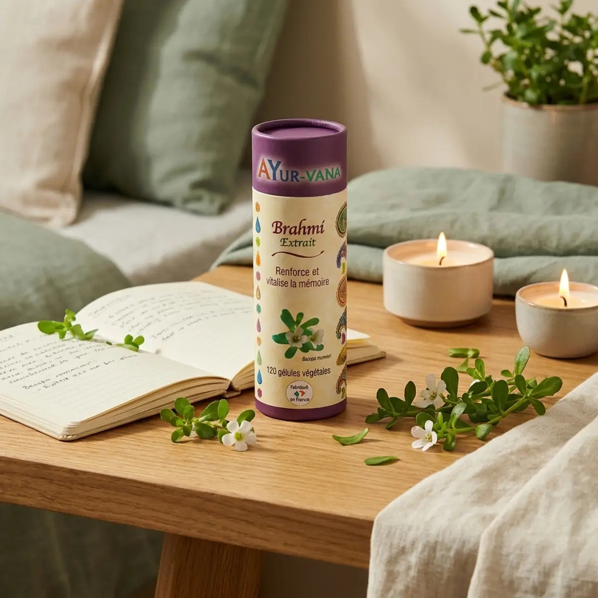 Extrait Brahmi Bacopa Monnieri Ayurvana 120 gélules vegan sur bureau wellness avec feuilles vertes et bougies