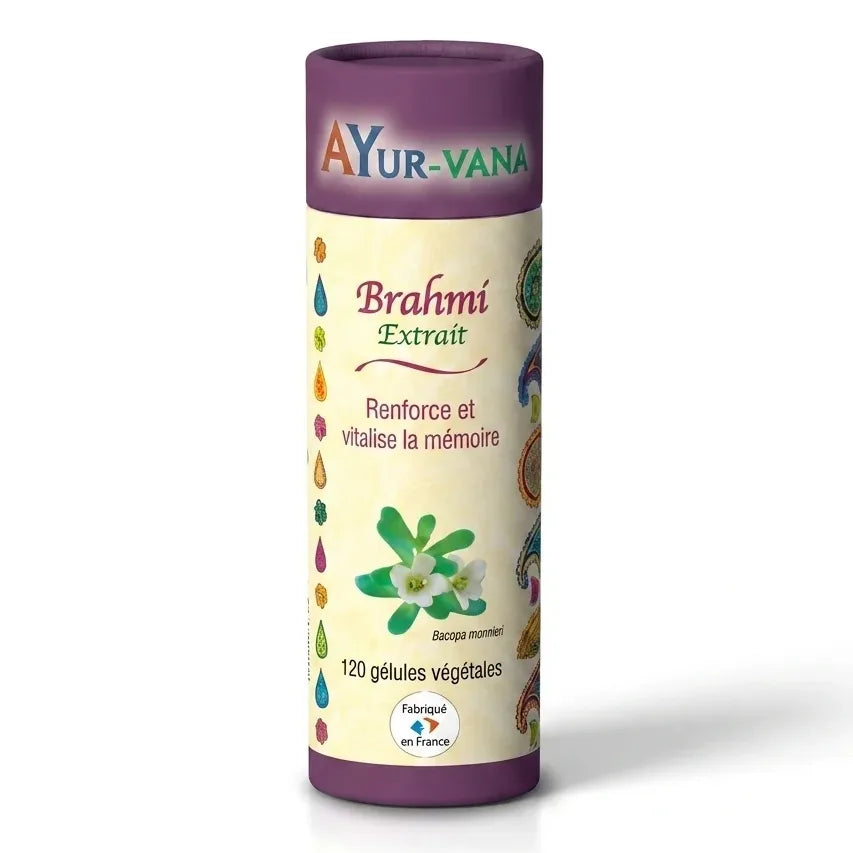 Flacon Brahmi Bacopa Monnieri 120 gélules végétales Ayurvana sur fond blanc