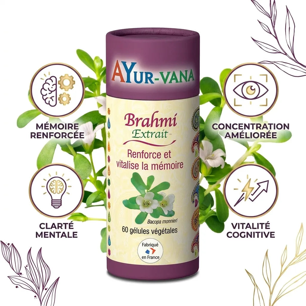 Extrait Brahmi Bacopa Monnieri vegan 60 gélules Ayurvana mémoire concentration clarté mentale