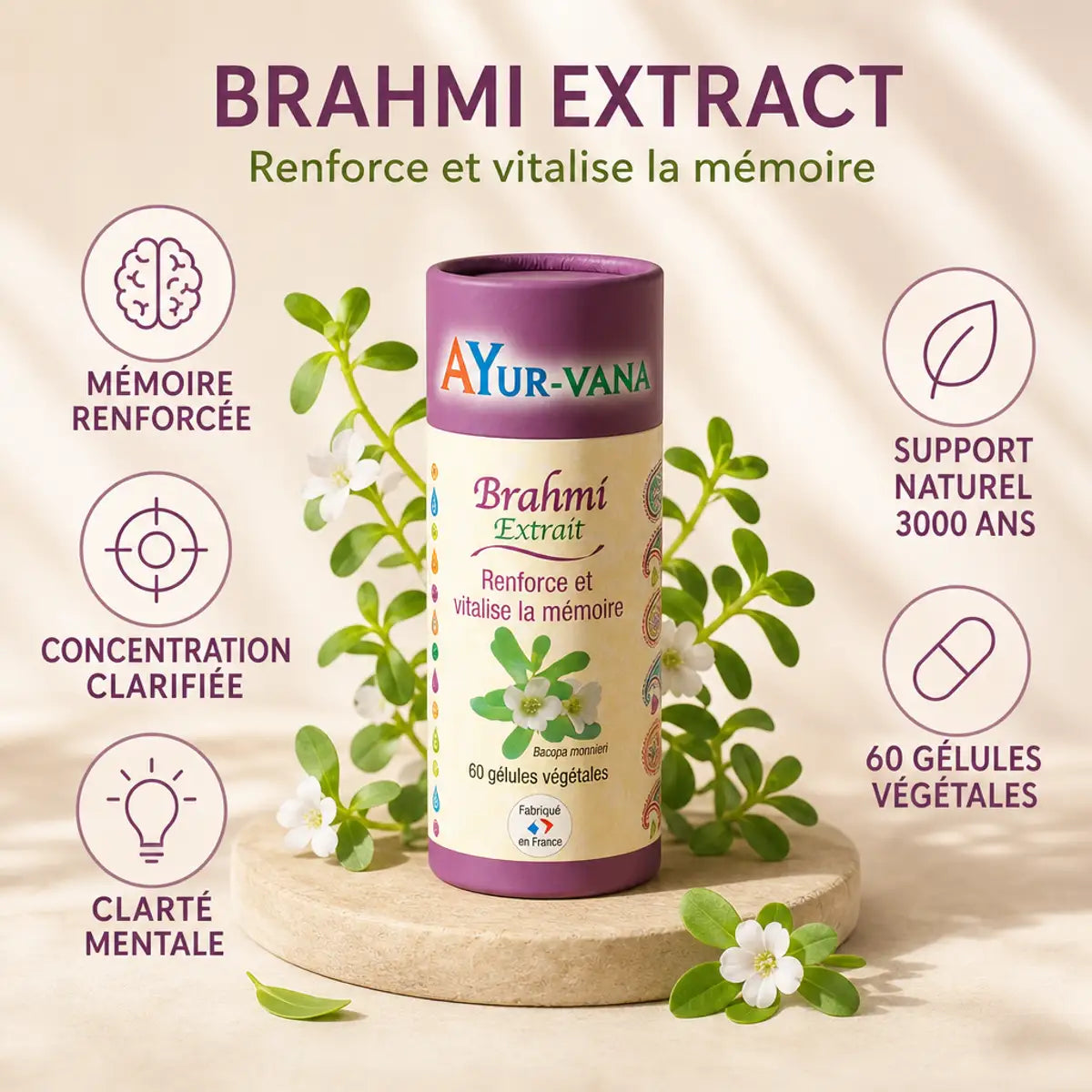 Extrait Brahmi Bacopa Monnieri vegan 60 gélules Ayurvana - Mémoire et concentration
