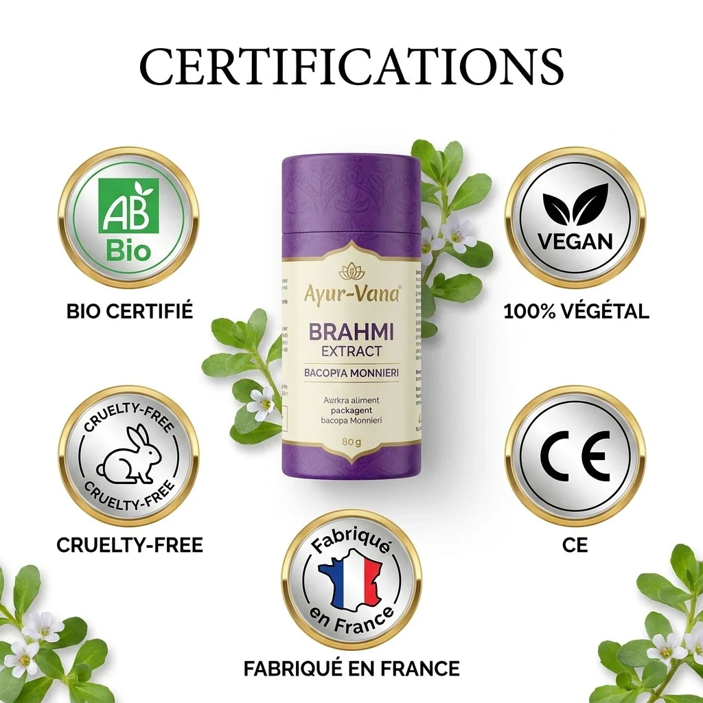 Brahmi Bacopa Monnieri 60 gélules vegan Ayurvana avec certifications bio et fabrication France