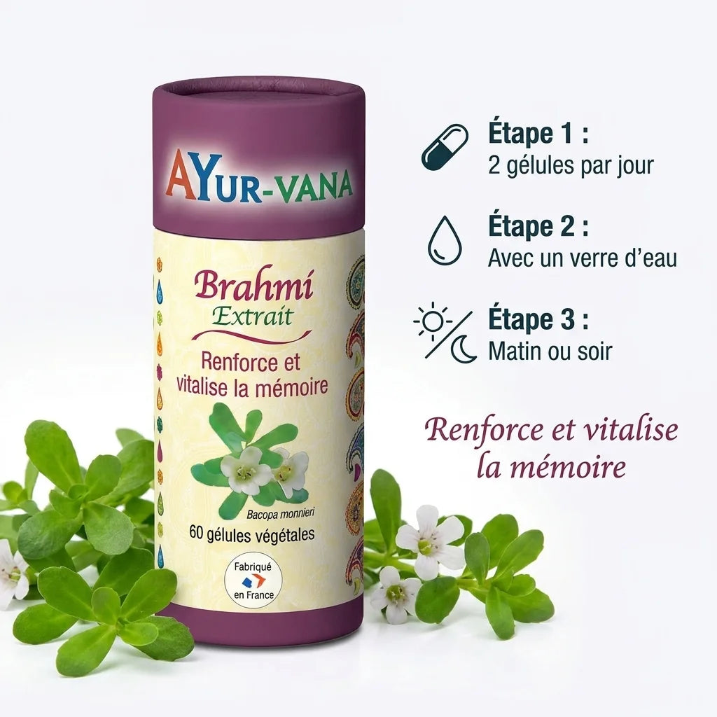 Extrait Brahmi Bacopa Monnieri vegan 60 gélules Ayurvana avec dosage et plantes fraîches