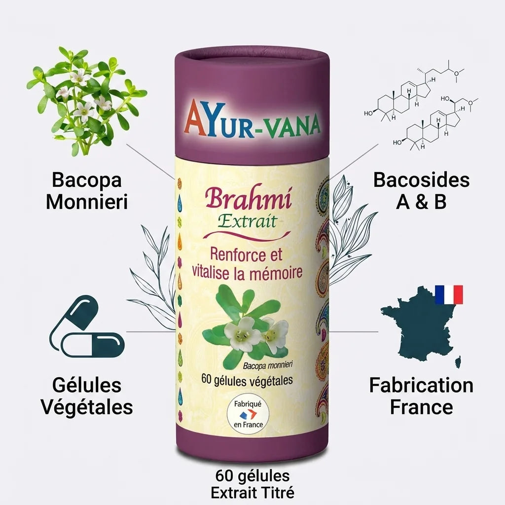 Extrait Brahmi Bacopa Monnieri 60 gélules végétales Ayurvana, fabrication France