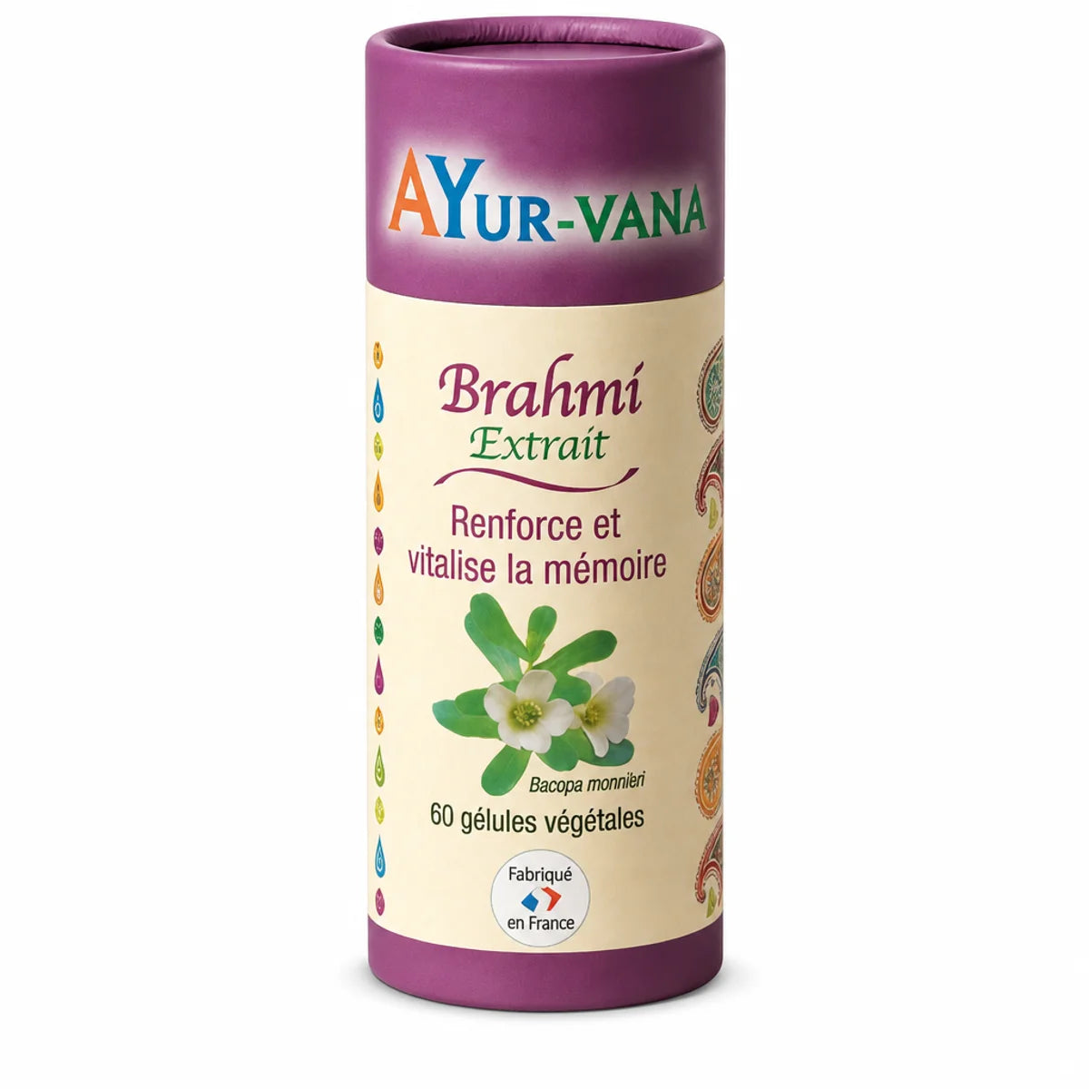 Bouteille Extrait Brahmi Bacopa Monnieri vegan 60 gélules Ayurvana sur fond blanc