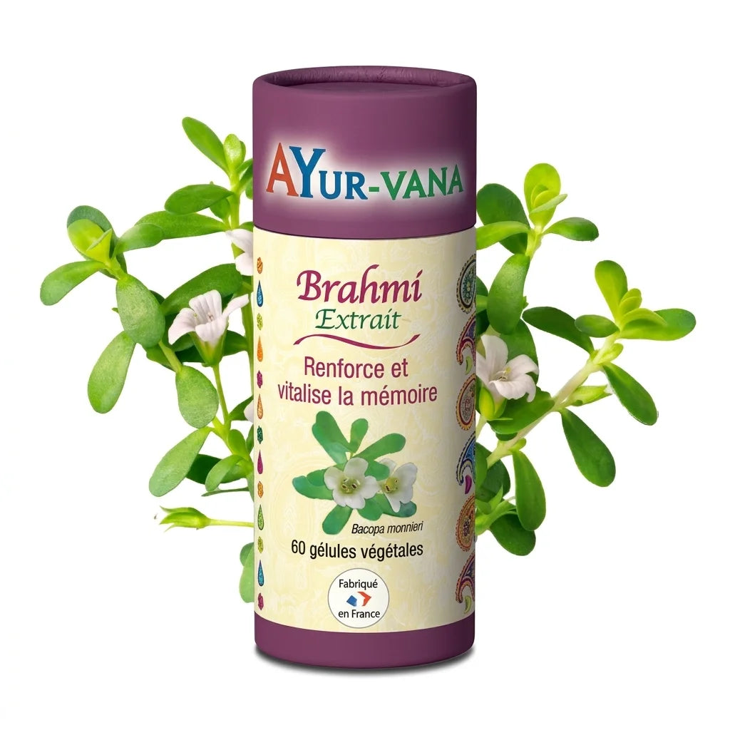 Flacon Extrait Brahmi Bacopa Monnieri vegan Ayur-Vana en gélules sur fond blanc