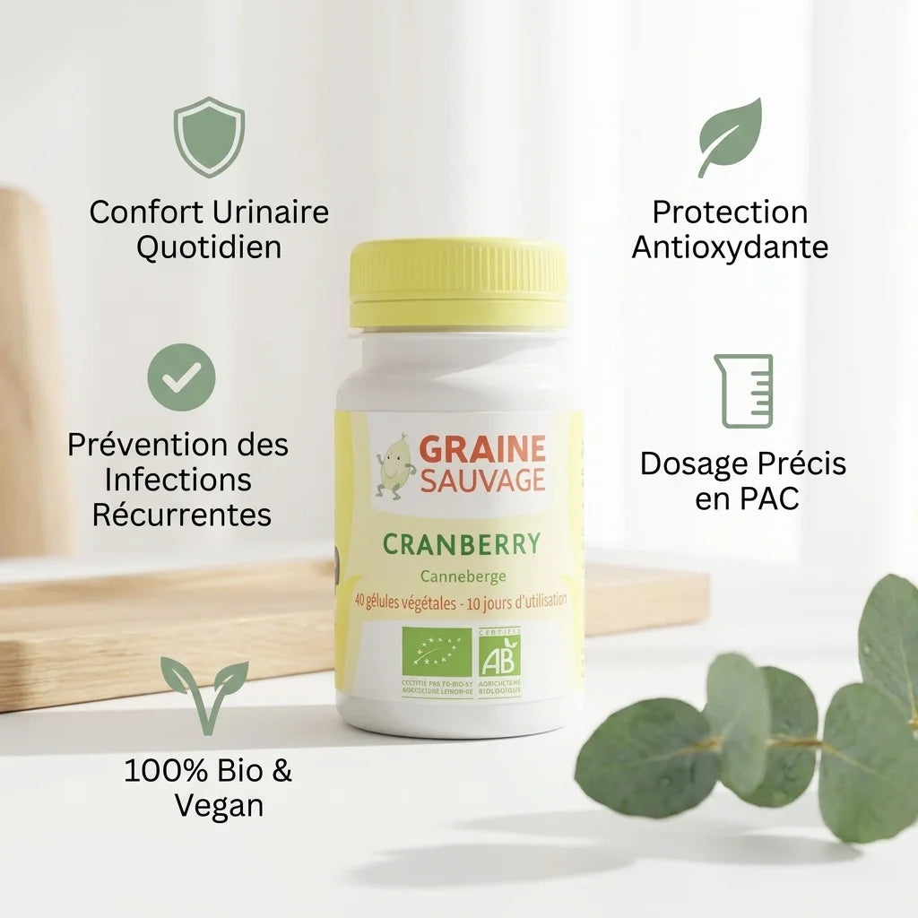Complément cranberry bio vegan gélules Graine Sauvage avec bénéfices santé urinaire et antioxydants