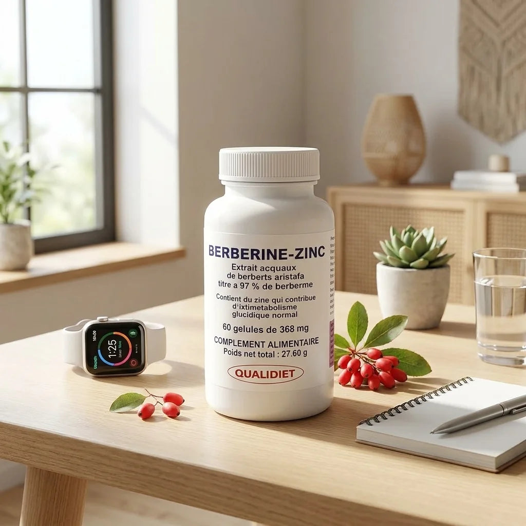 Flacon de gélules Berberis Aristata et zinc sur bureau wellness avec accessoires de santé