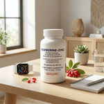 Flacon de gélules Berberis Aristata et zinc sur bureau wellness avec accessoires de santé