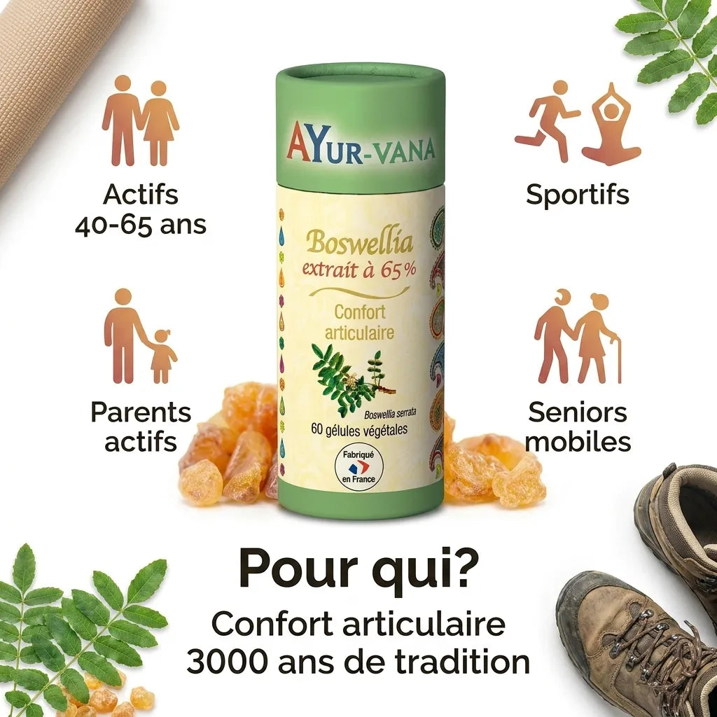 Boswellia Serrata vegan Ayurvana en gélules avec icônes cibles pour actifs, sportifs et seniors