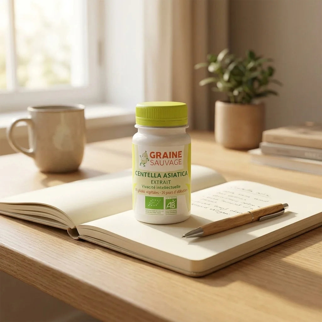 Graine Sauvage Centella asiatica bio en gélules sur bureau minimaliste avec carnet