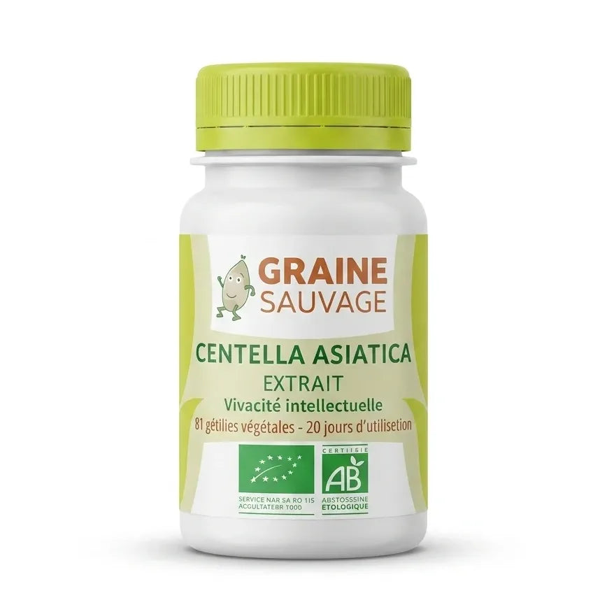 Graine Sauvage extrait Centella asiatica bio vegan en gélules, flacon avec bouchon vert anis