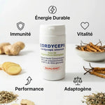 Extrait Cordyceps Bio en gélules Qualidiet avec infographie des 5 bénéfices santé