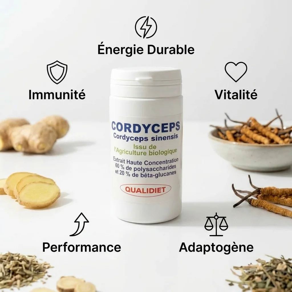 Extrait Cordyceps Bio en gélules Qualidiet avec infographie des 5 bénéfices santé