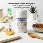 Bouteille Cordyceps Bio certifiée AB avec badges vegan et Made in France sur fond blanc