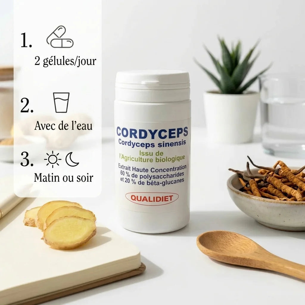 Extrait Cordyceps Bio en gélules - Bouteille Qualidiet avec dosage et ingrédients naturels