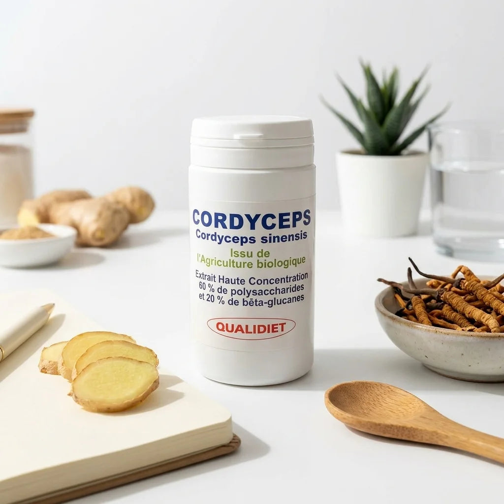 Gélules Cordyceps sinensis bio Qualidiet sur plan de travail wellness avec cahier et gingembre frais