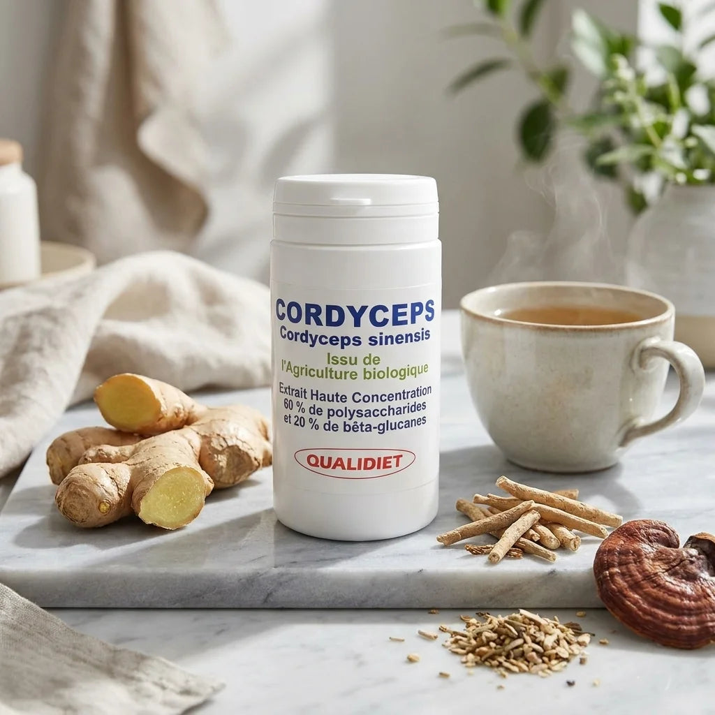 Flacon de Cordyceps Bio Qualidiet avec gingembre frais et tisane adaptogène sur marbre