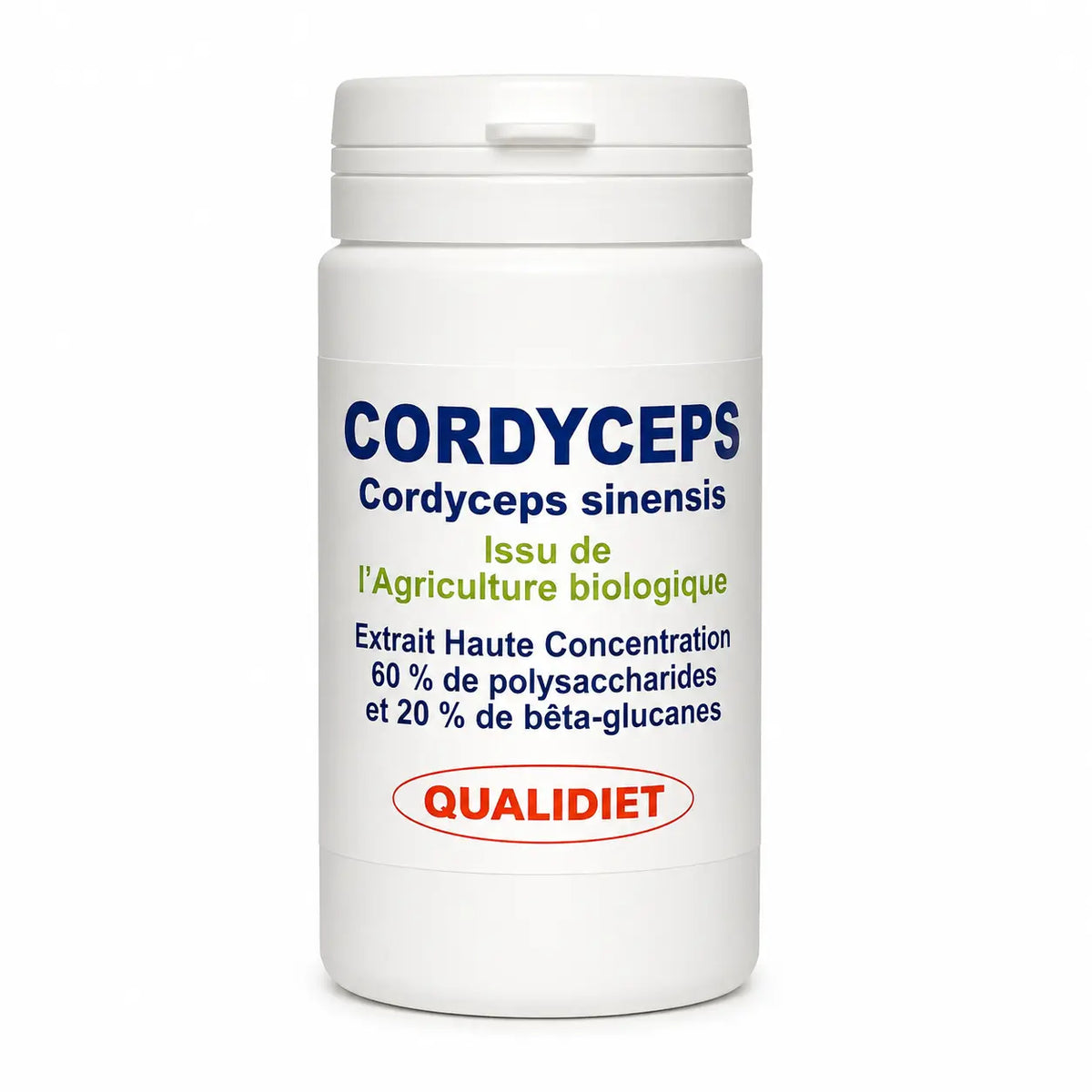 Flacon de gélules Cordyceps sinensis bio QUALIDIET sur fond blanc, complément alimentaire naturel

