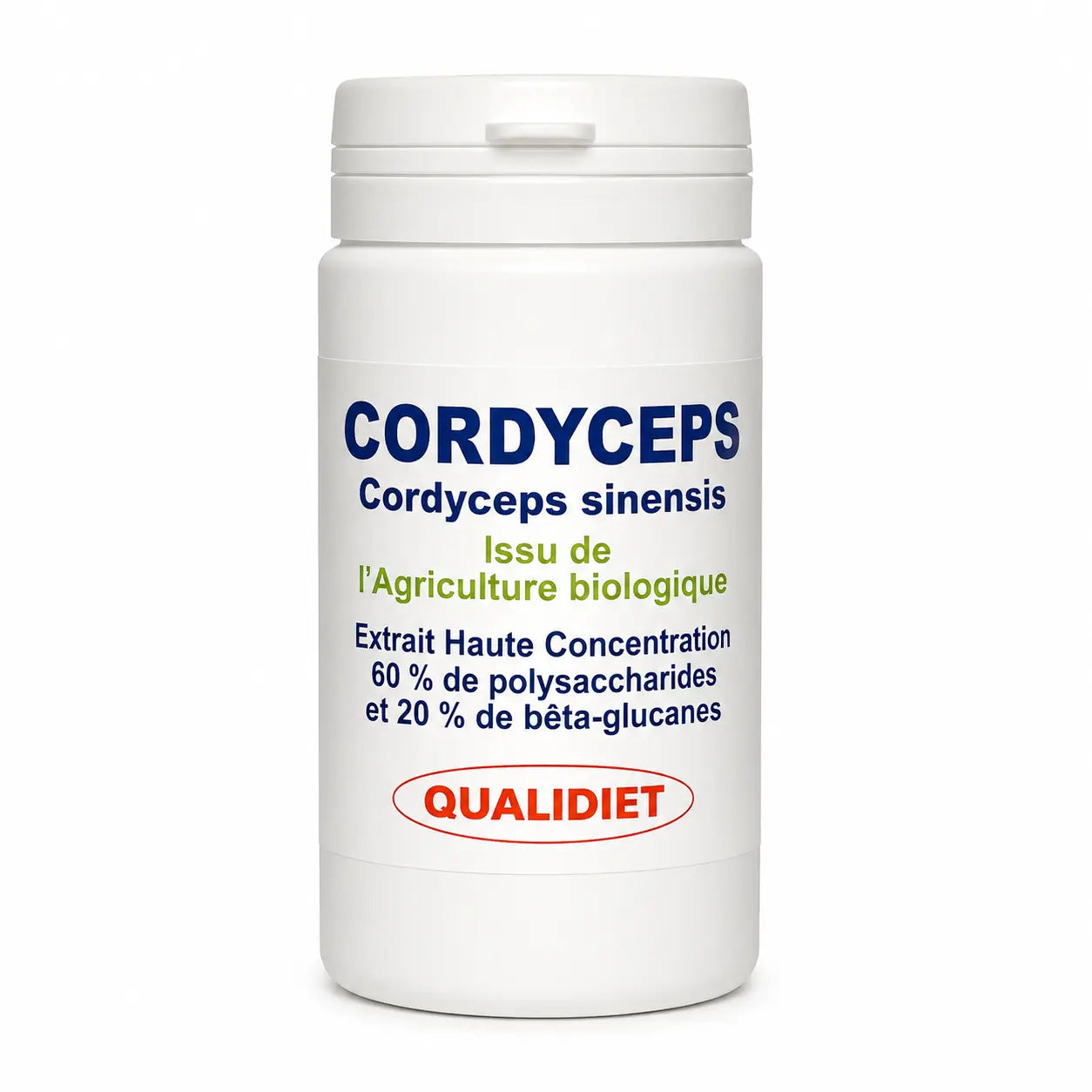 Flacon de gélules Cordyceps sinensis bio QUALIDIET sur fond blanc, complément alimentaire naturel

