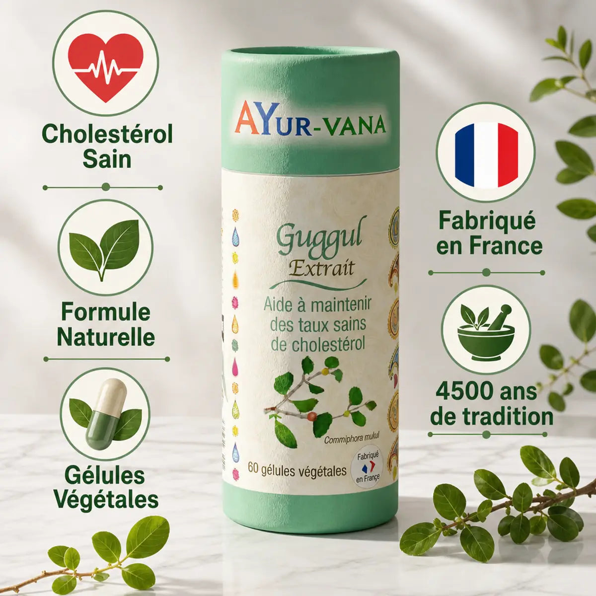 Guggul vegan Ayur-Vana en gélules avec bénéfices : cholestérol, formule naturelle, fabrication française