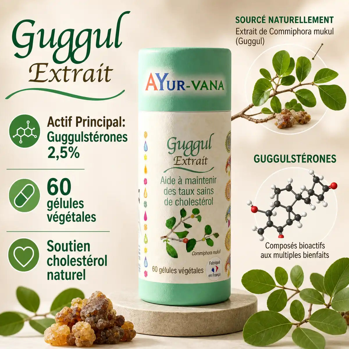 Extrait de Guggul vegan Ayur-Vana 60 gélules avec guggulstérones pour cholestérol naturel