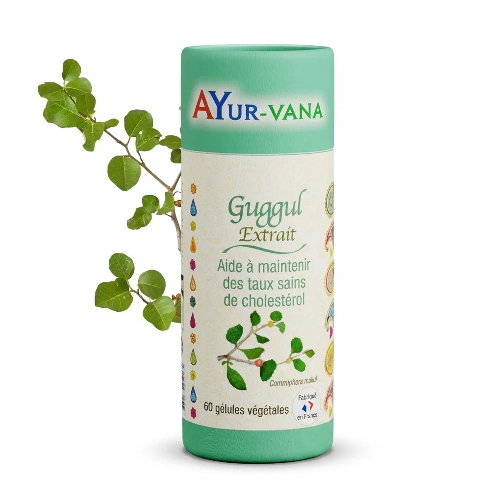 Extrait de Guggul vegan Ayur-Vana en gélules - flacon vert et blanc
