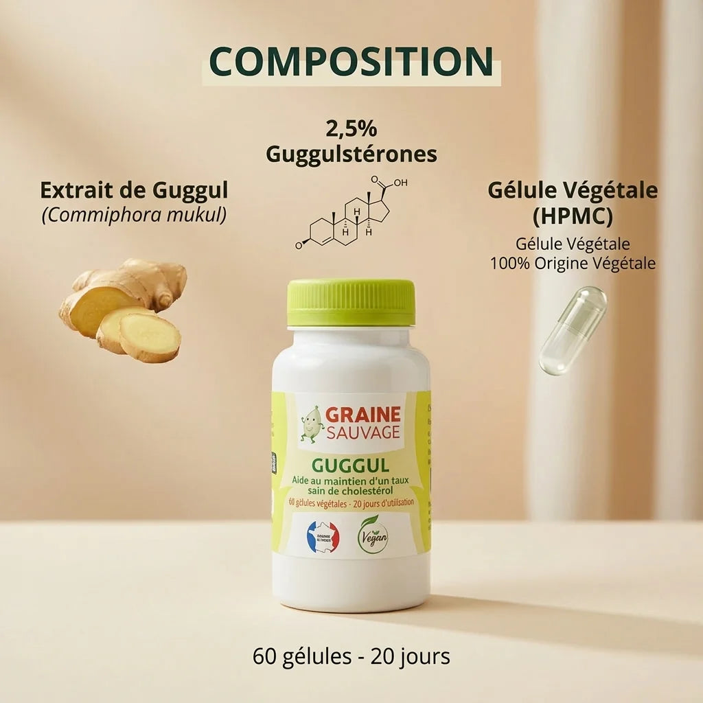 Bouteille Extrait de Guggul vegan en gélules avec composition et ingrédients affichés