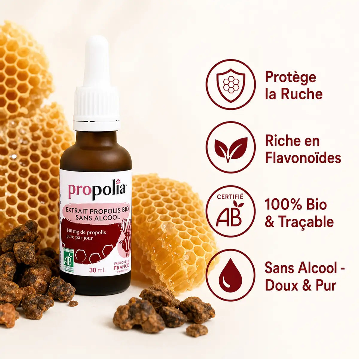 Propolia extrait propolis brune bio 30ml sans alcool avec bénéfices flavonoïdes et certification