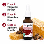 Extrait propolis brune bio Propolia 30ml avec mode d'emploi : 2-3 gouttes diluées dans l'eau le matin